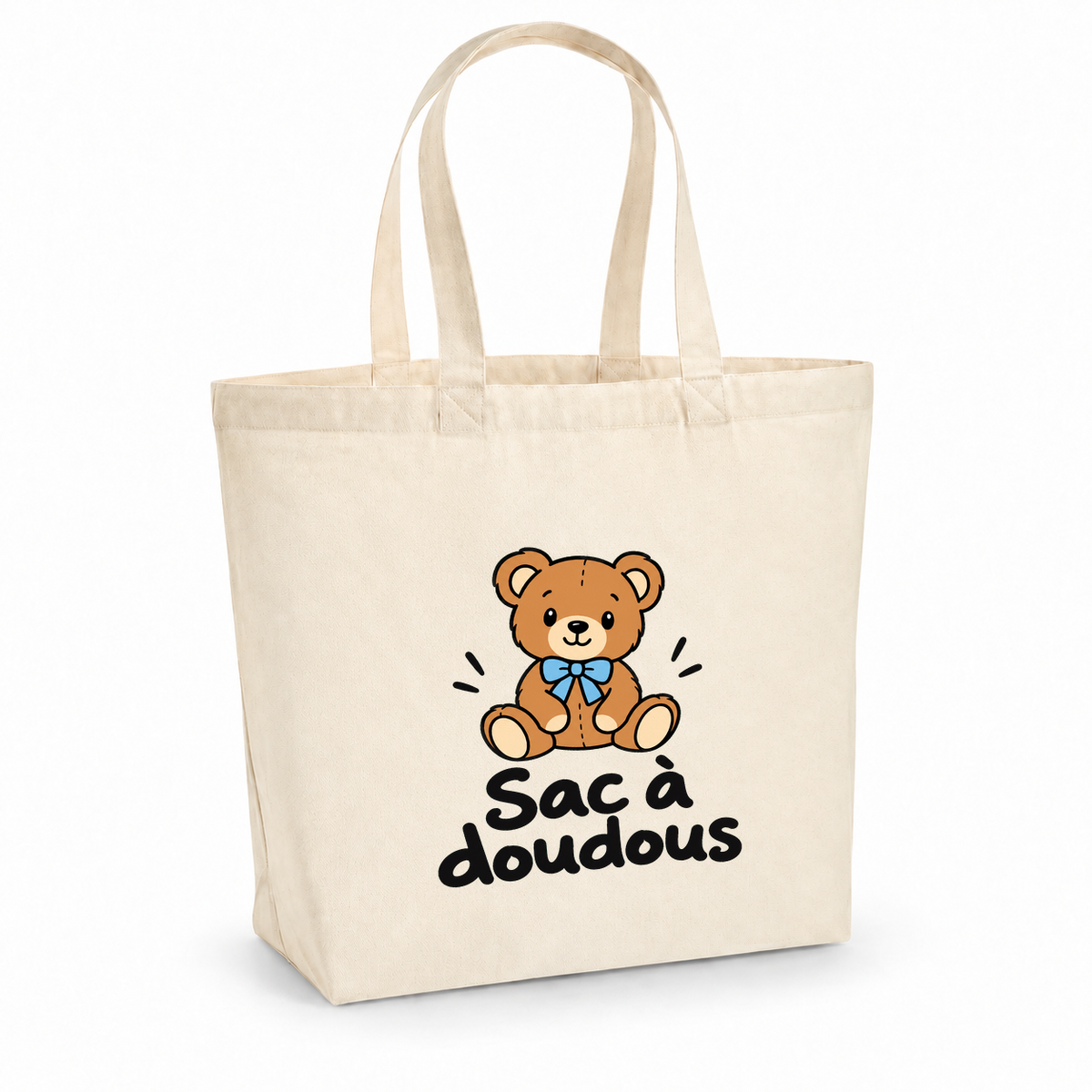 Tote bag « Sac à doudous » Premium, cabas à soufflet en coton naturel 200 g/m² de 18 litres, dessin naïf d'un ourson en peluche au nœud bleu