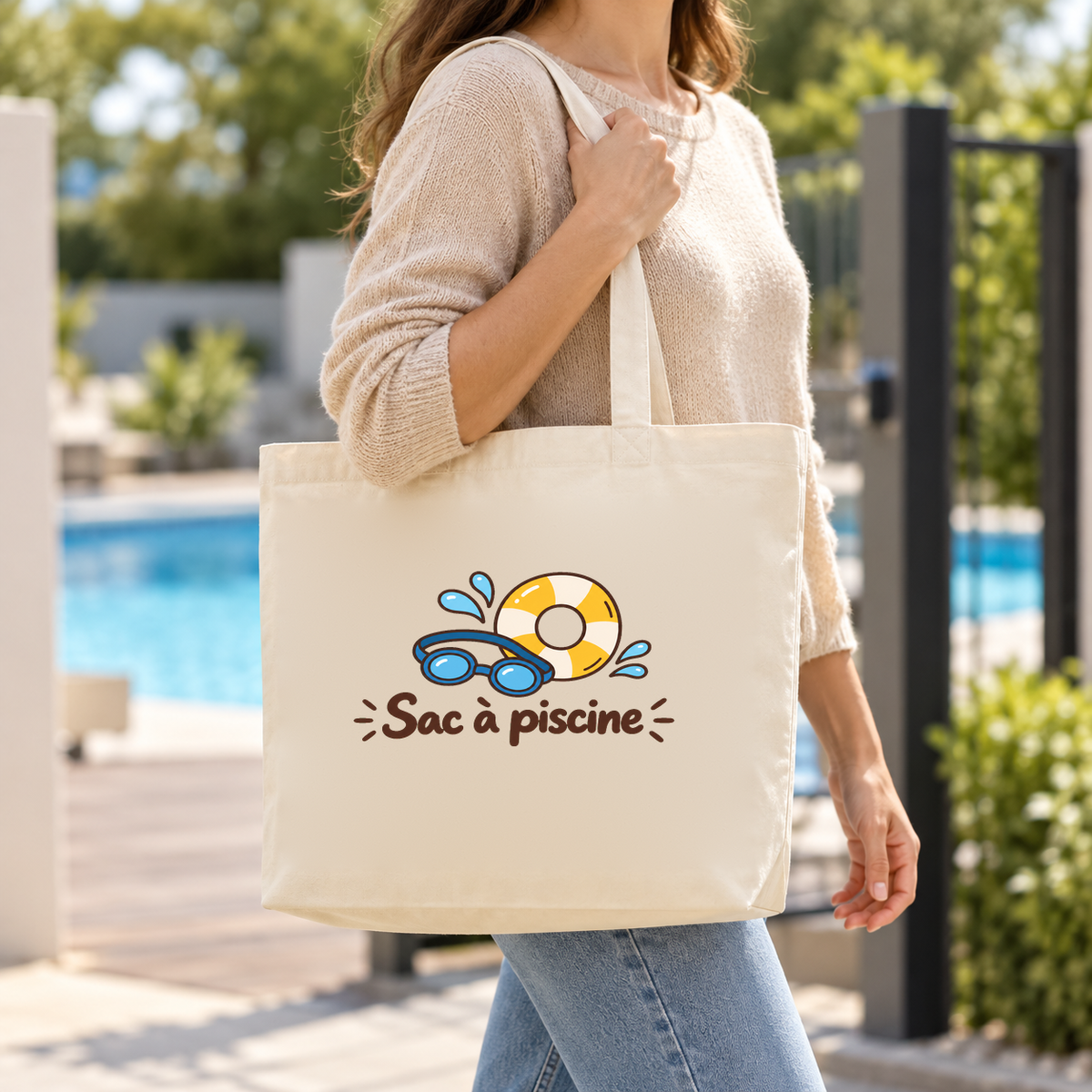Tote bag « Sac à piscine » Premium porté à l'épaule au bord d'une piscine ensoleillée