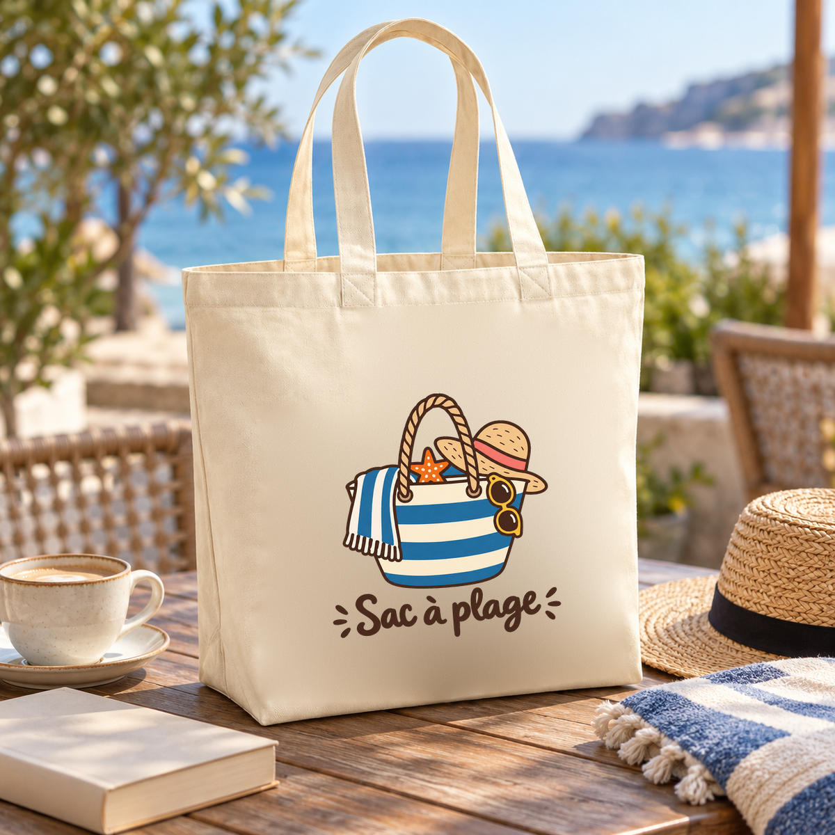 Tote bag « Sac à plage » Premium posé sur une table de terrasse face à la mer, à côté d'un chapeau de paille et d'un livre