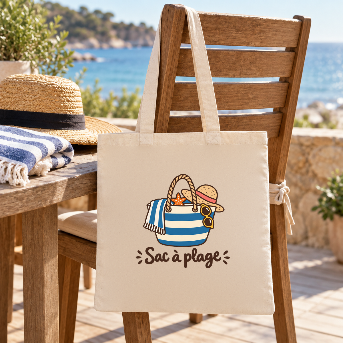 Tote bag « Sac à plage » Essentiel suspendu à une chaise de terrasse face à la mer