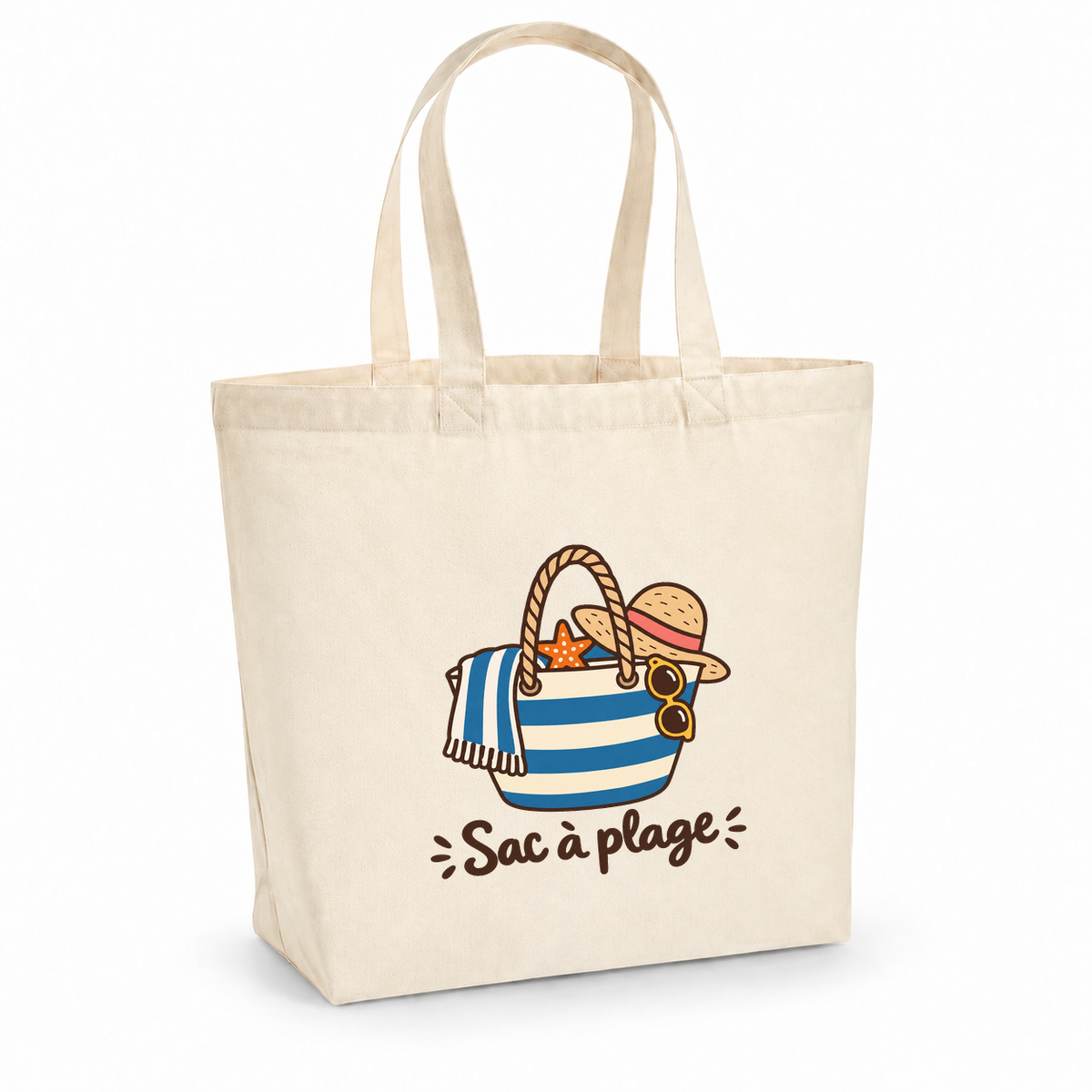 Tote bag « Sac à plage » Premium, cabas à soufflet en coton naturel 200 g/m² de 18 litres, dessin naïf d'un panier rayé, d'un chapeau de paille et de lunettes de soleil