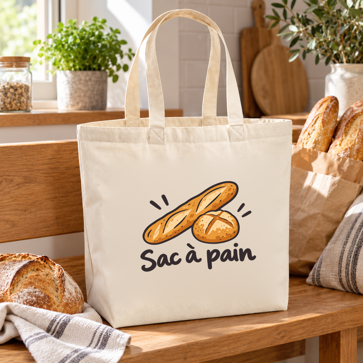 Tote bag « Sac à pain » Premium posé sur une table de cuisine, à côté de pains de campagne et d'un torchon