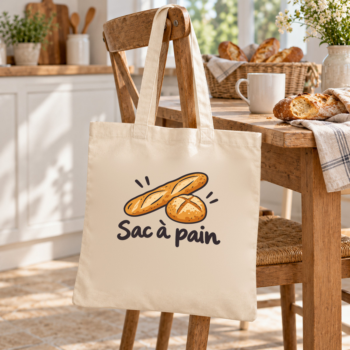 Tote bag « Sac à pain » Essentiel suspendu à une chaise de cuisine, à côté d'une corbeille de pains