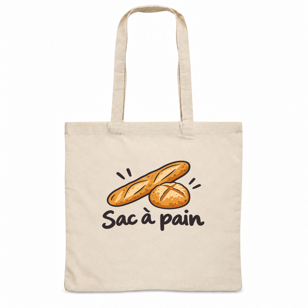 Tote bag « Sac à pain » Essentiel, sac plat en coton naturel 140 g/m² de 38 × 42 cm, dessin naïf d'une baguette et d'une miche de pain