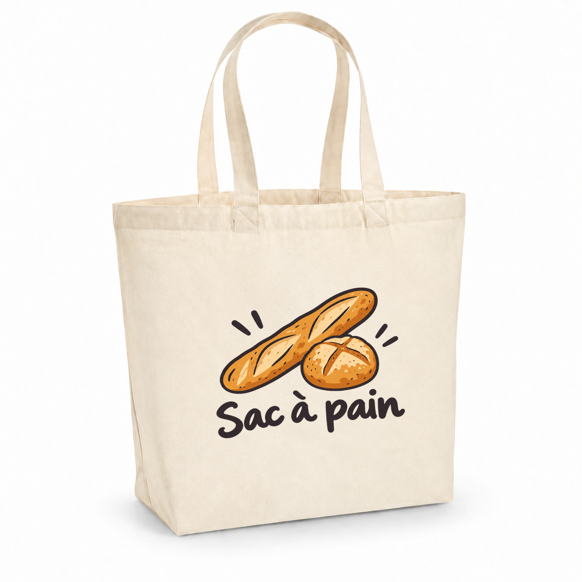 Tote bag « Sac à pain » Premium, cabas à soufflet en coton naturel 200 g/m² de 18 litres, dessin naïf d'une baguette et d'une miche de pain