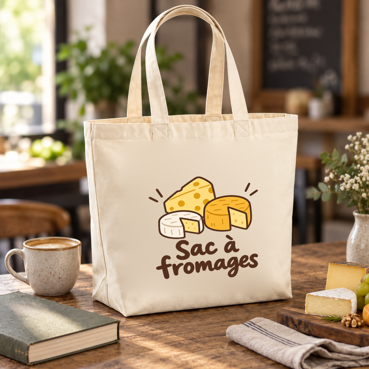 Tote bag « Sac à fromages » Premium posé sur une table de café, à côté d'une tasse et d'un livre