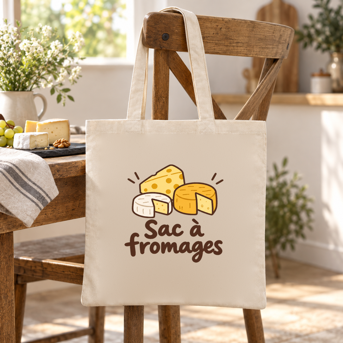 Tote bag « Sac à fromages » Essentiel suspendu à une chaise en bois, à côté d'une planche de fromages