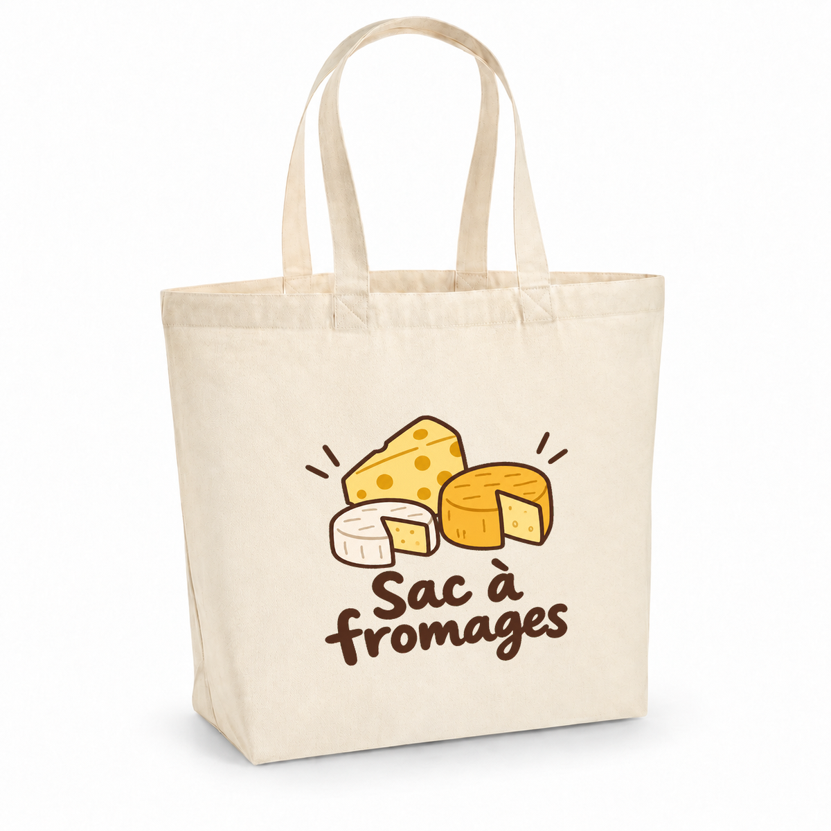 Tote bag « Sac à fromages » Premium, cabas à soufflet en coton naturel 200 g/m² de 18 litres, dessin naïf de trois fromages
