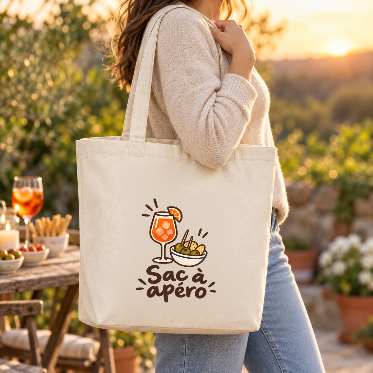 Tote bag « Sac à apéro » Premium porté à l'épaule sur une terrasse au coucher du soleil