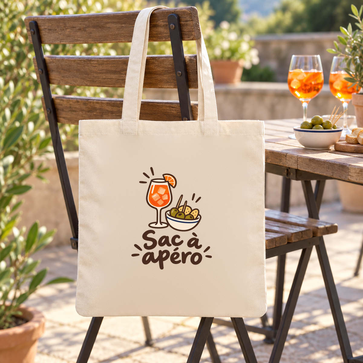 Tote bag « Sac à apéro » Essentiel suspendu à une chaise de terrasse, à côté de deux verres