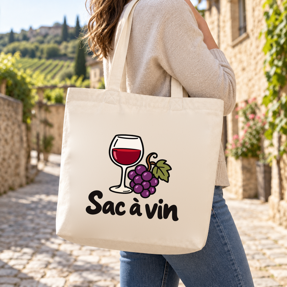 Tote bag « Sac à vin » Premium porté à l'épaule dans une ruelle de village viticole