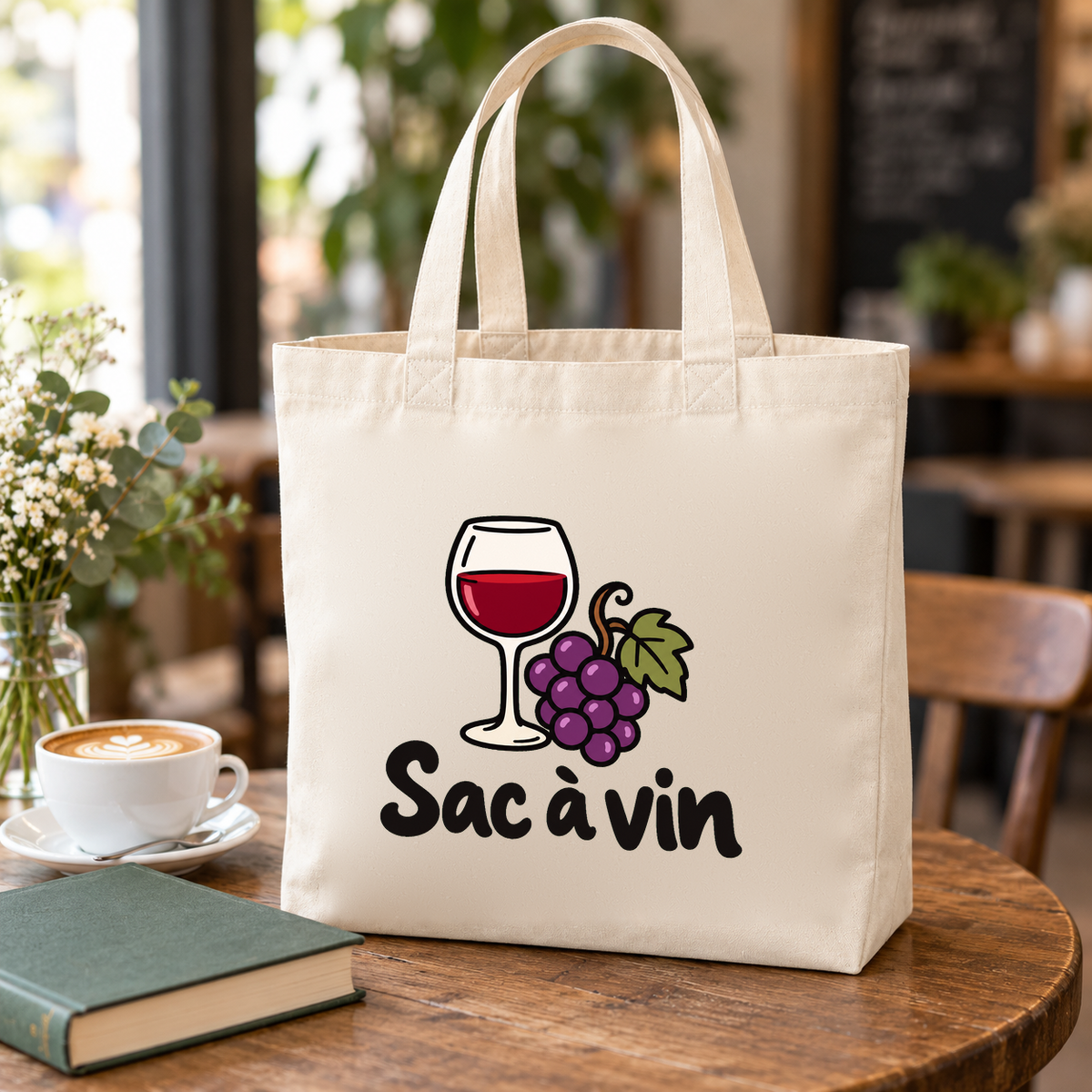 Tote bag « Sac à vin » Premium posé sur une table de café, à côté d'un cappuccino et d'un livre