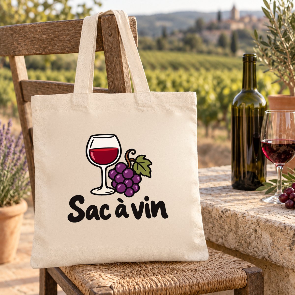 Tote bag « Sac à vin » Essentiel suspendu à une chaise de terrasse face aux vignes, à côté d'une bouteille et d'un verre