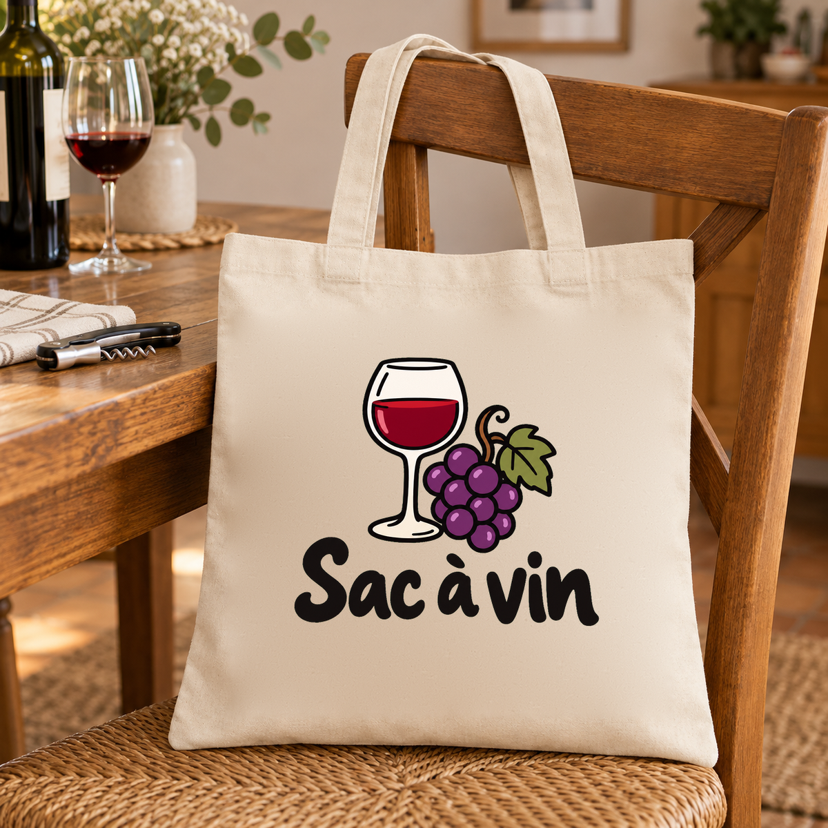 Tote bag « Sac à vin » Essentiel posé contre une chaise de salle à manger, à côté d'un verre et d'un tire-bouchon