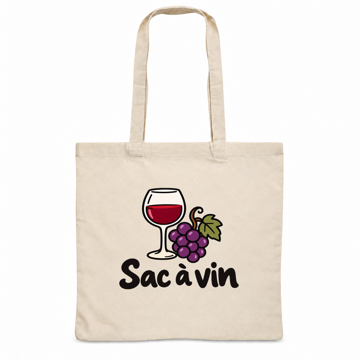 Tote bag « Sac à vin » Essentiel, sac plat en coton naturel 140 g/m² de 38 × 42 cm, dessin naïf d'un verre de vin rouge et d'une grappe de raisin