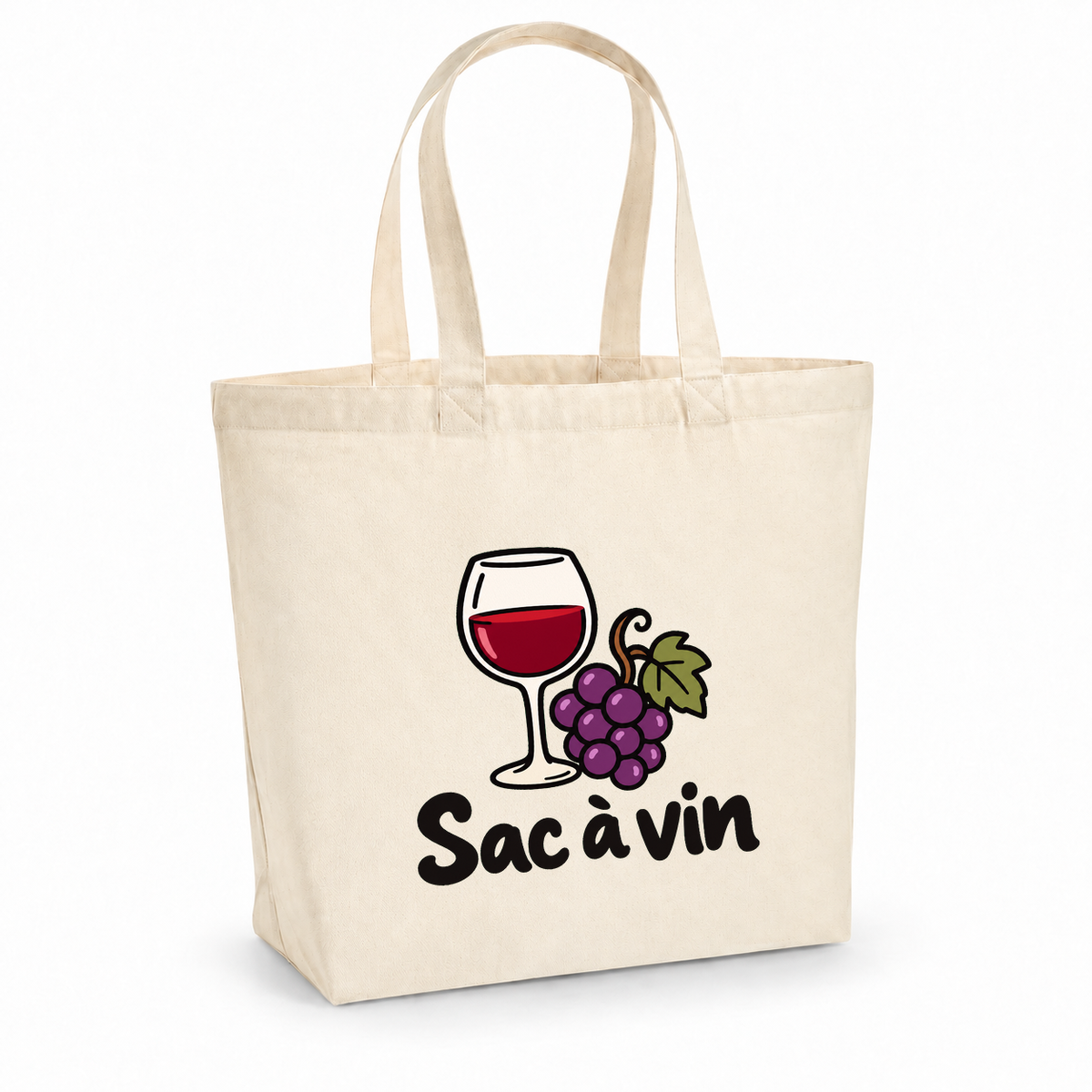 Tote bag « Sac à vin » Premium, cabas à soufflet en coton naturel 200 g/m² de 18 litres, dessin naïf d'un verre de vin rouge et d'une grappe de raisin