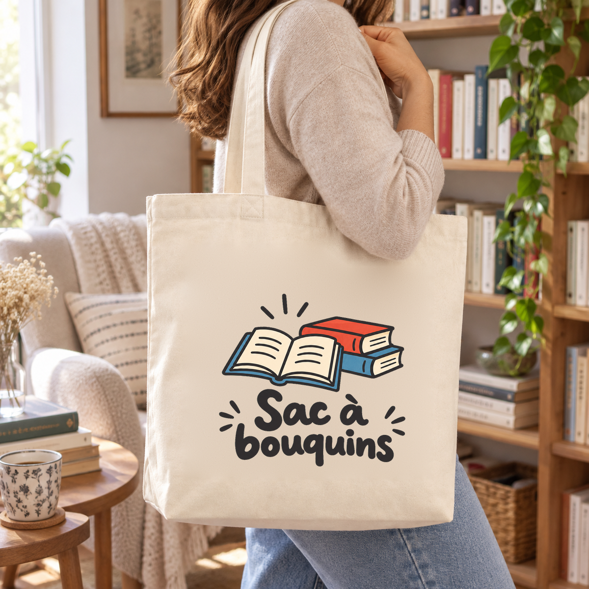 Tote bag « Sac à bouquins » Premium porté à l'épaule dans un salon aux murs couverts de livres