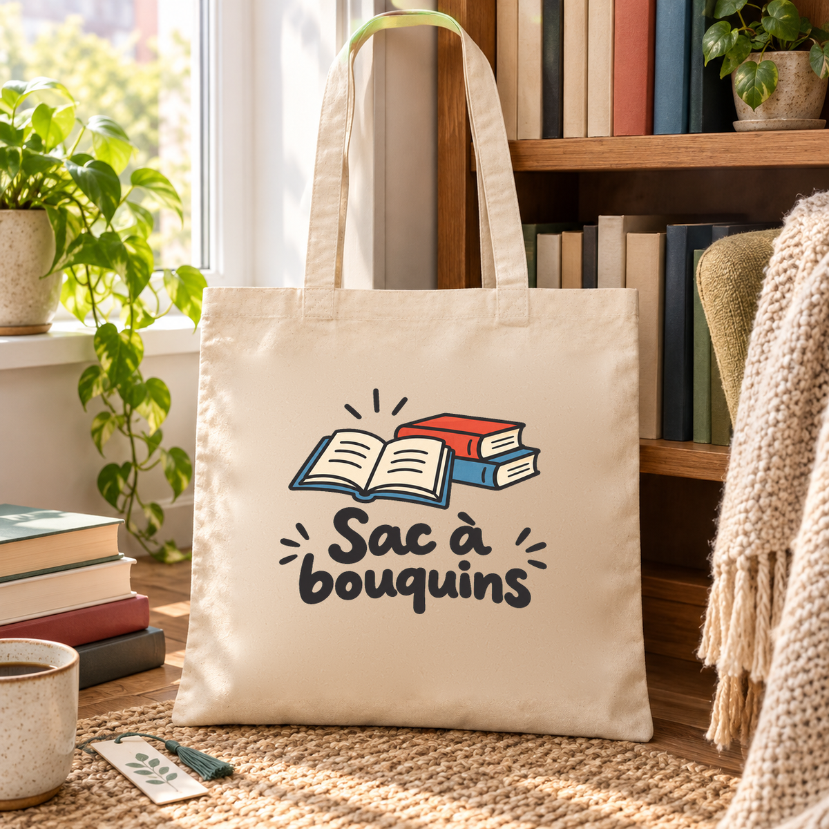 Tote bag « Sac à bouquins » Essentiel posé au pied d'une bibliothèque, à côté d'une tasse et d'un plaid