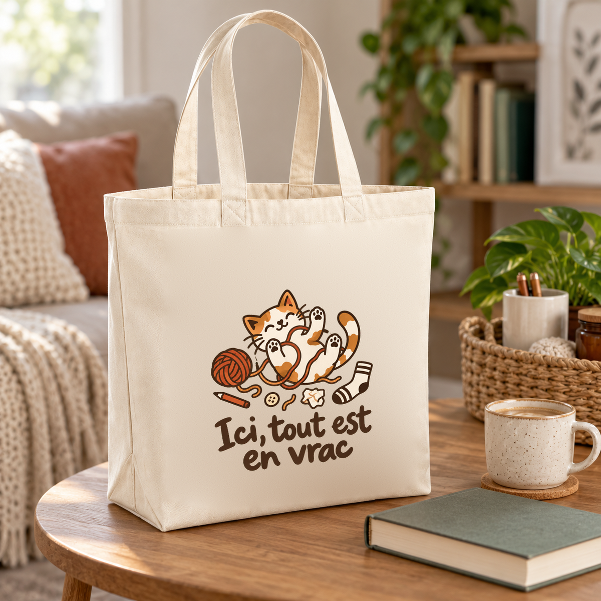Tote bag « Ici, tout est en vrac » Premium posé sur une table ronde, à côté d'une tasse et d'un livre