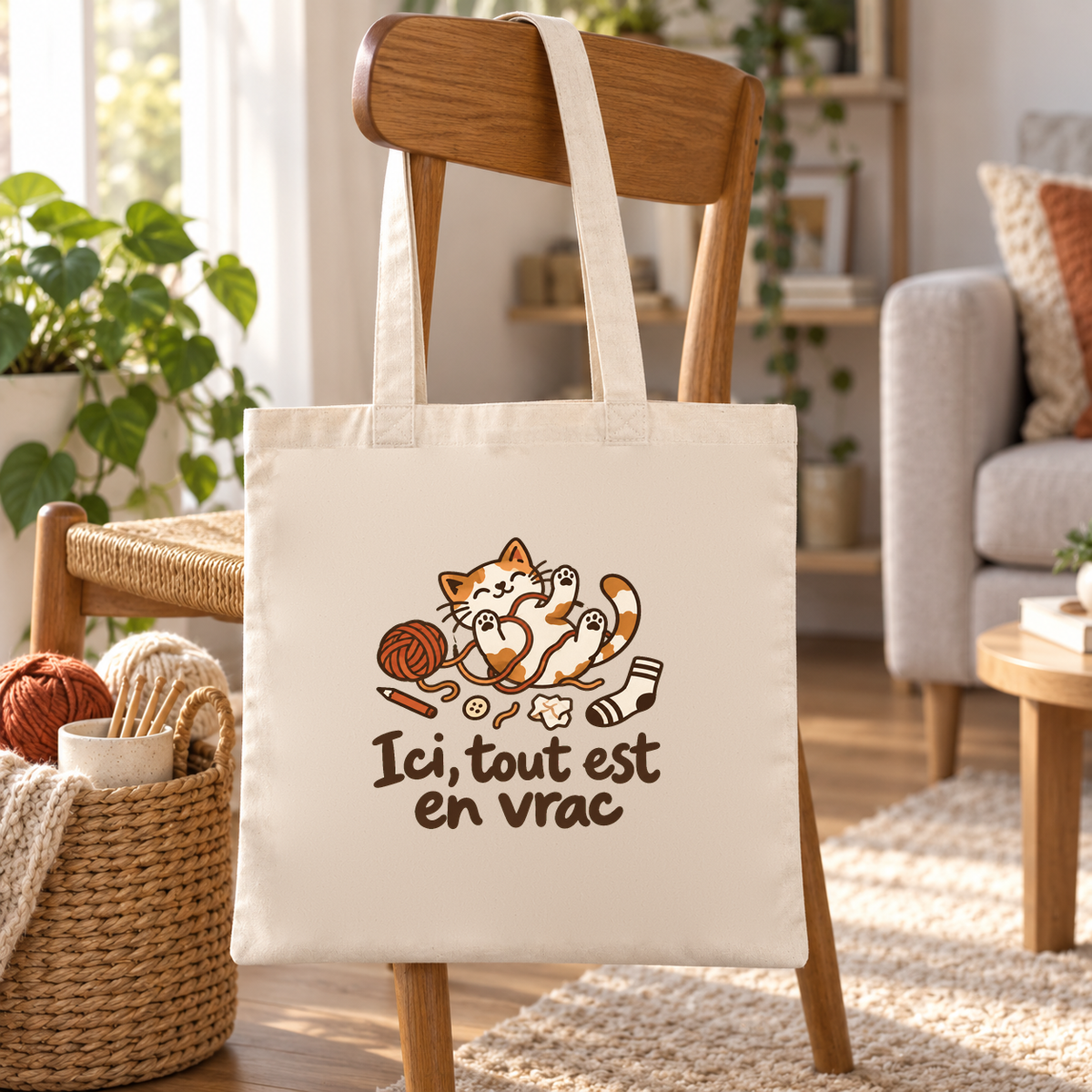 Tote bag « Ici, tout est en vrac » Essentiel suspendu à une chaise de salon, à côté d'un panier