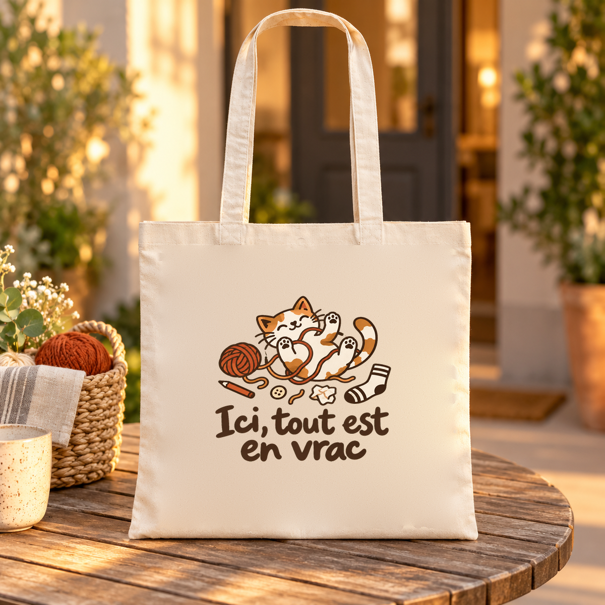 Tote bag « Ici, tout est en vrac » Essentiel posé sur une table en bois, à la lumière du soir