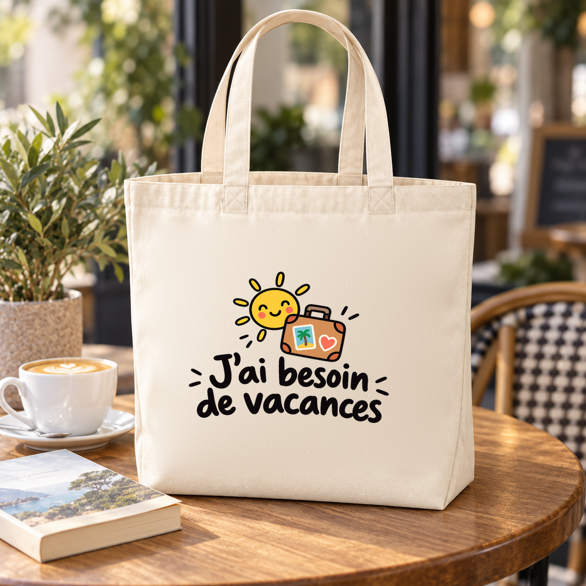 Tote bag « J'ai besoin de vacances » Premium posé sur une table de café, à côté d'un cappuccino et d'un livre