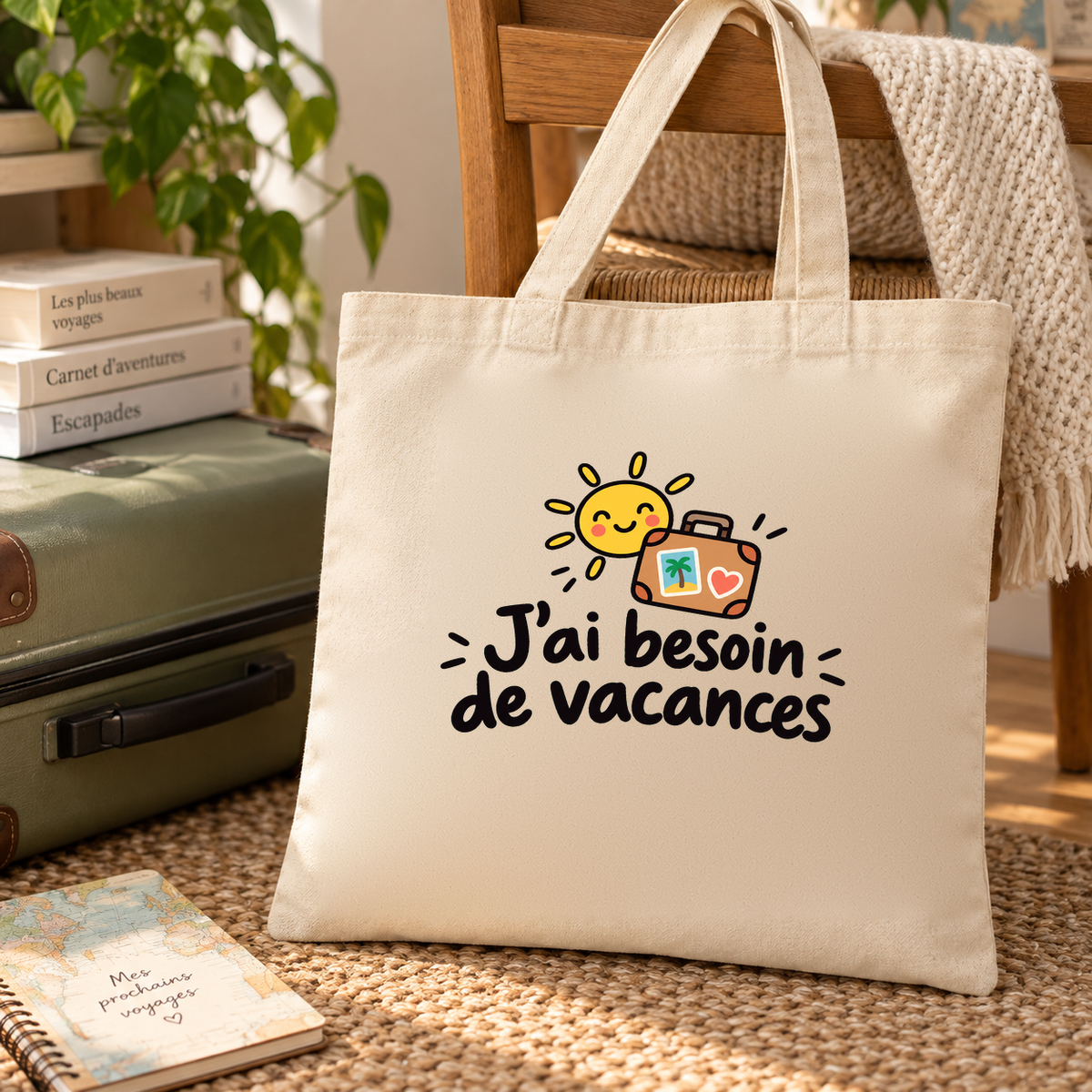 Tote bag « J'ai besoin de vacances » Essentiel posé contre une chaise dans un coin lecture, à côté d'une valise et d'un carnet de voyage