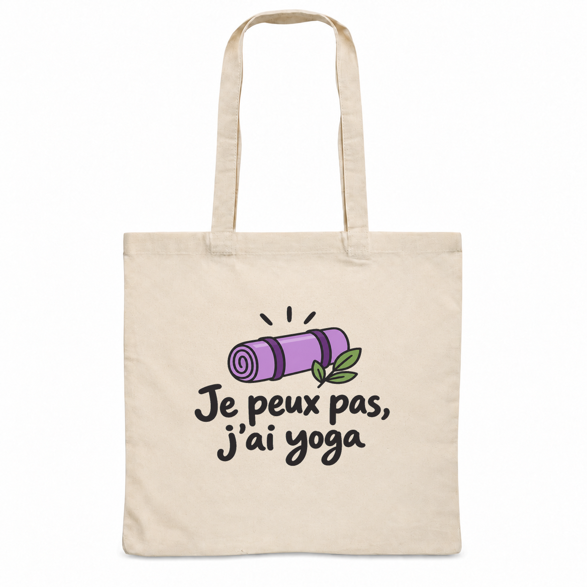 Tote bag « Je peux pas, j'ai yoga » Essentiel, sac plat en coton naturel 140 g/m² de 38 × 42 cm, dessin naïf d'un tapis de yoga roulé et d'un brin de feuillage