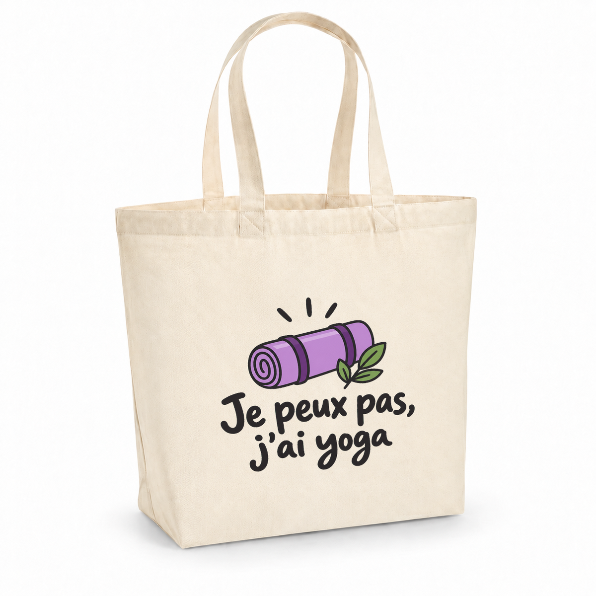 Tote bag « Je peux pas, j'ai yoga » Premium, cabas à soufflet en coton naturel 200 g/m² de 18 litres, dessin naïf d'un tapis de yoga roulé et d'un brin de feuillage