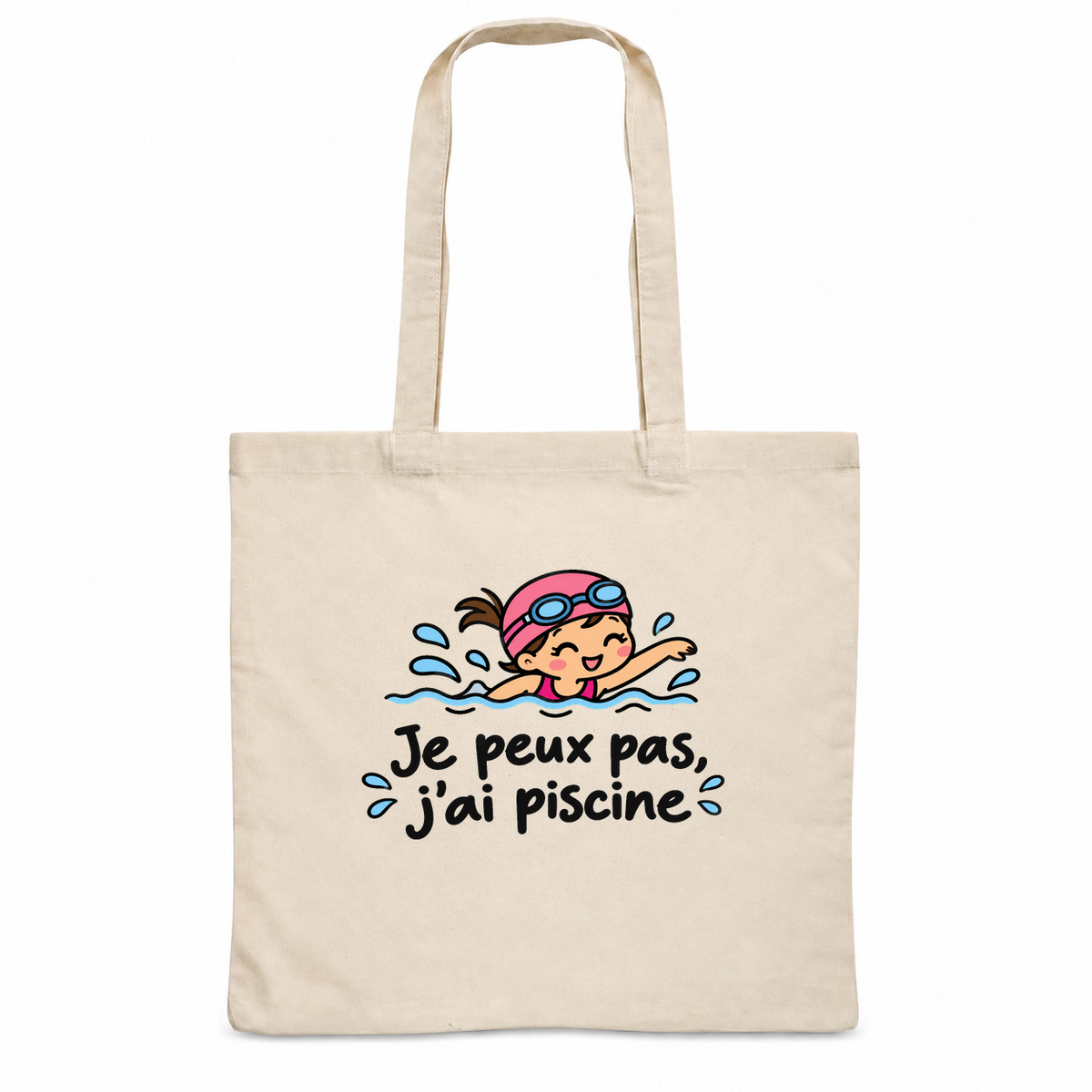 Tote bag « Je peux pas, j'ai piscine » Essentiel, sac plat en coton naturel 140 g/m² de 38 × 42 cm, dessin naïf d'une petite nageuse au bonnet rose