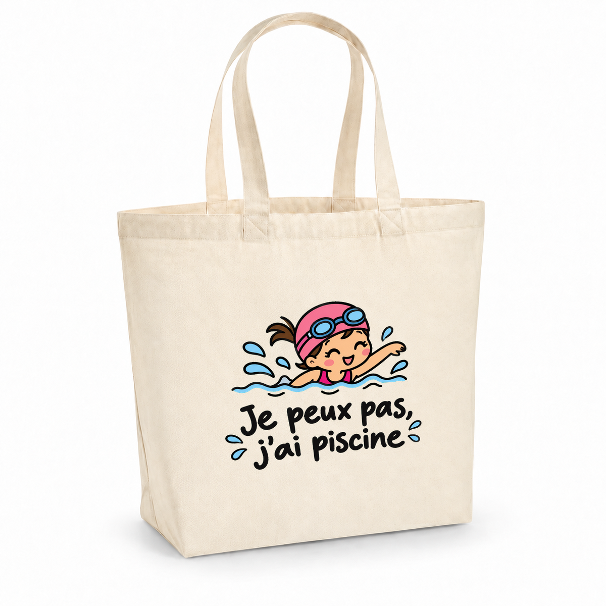 Tote bag « Je peux pas, j'ai piscine » Premium, cabas à soufflet en coton naturel 200 g/m² de 18 litres, dessin naïf d'une petite nageuse au bonnet rose
