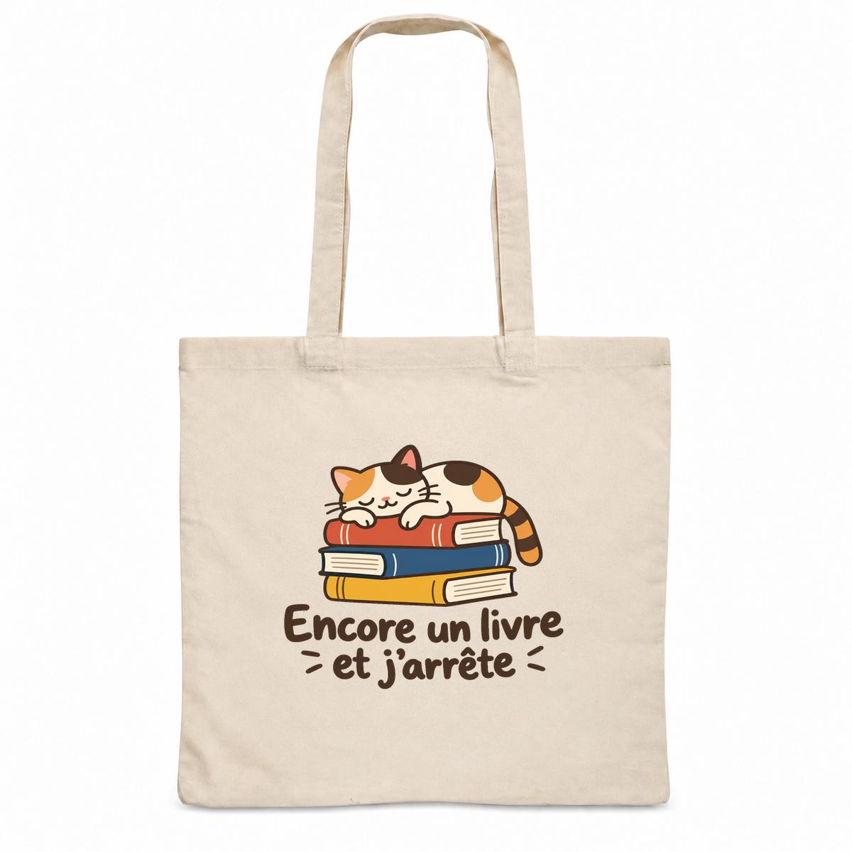 Tote bag « Encore un livre et j'arrête » Essentiel, sac plat en coton naturel 140 g/m² de 38 × 42 cm, dessin naïf d'un chat endormi sur une pile de livres