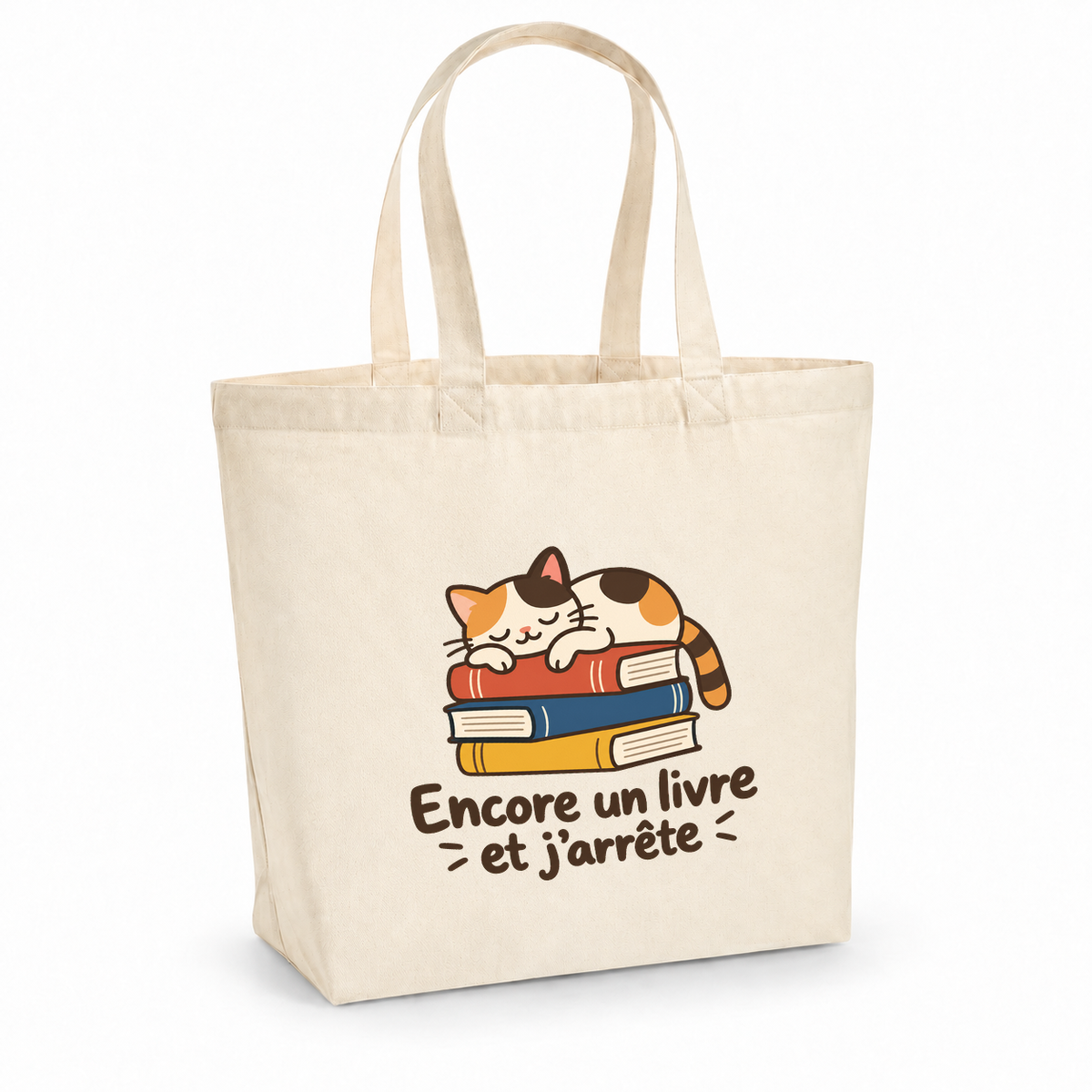 Tote bag « Encore un livre et j'arrête » Premium, cabas à soufflet en coton naturel 200 g/m² de 18 litres, dessin naïf d'un chat endormi sur une pile de livres