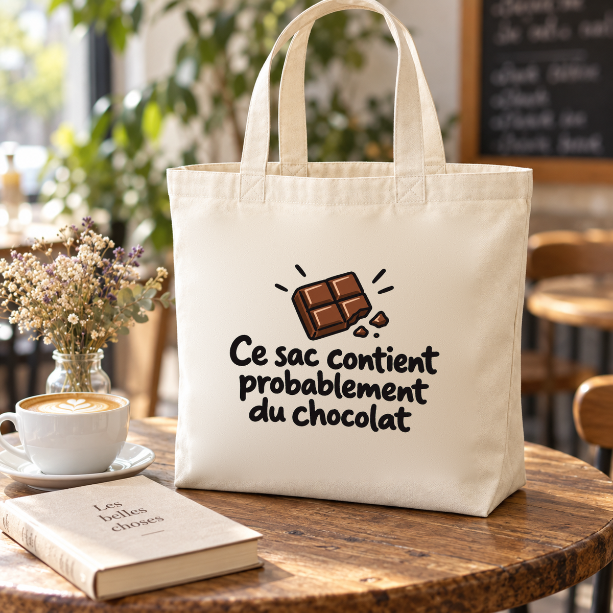 Tote bag « Ce sac contient probablement du chocolat » Premium posé sur une table de café, à côté d'un cappuccino et d'un livre