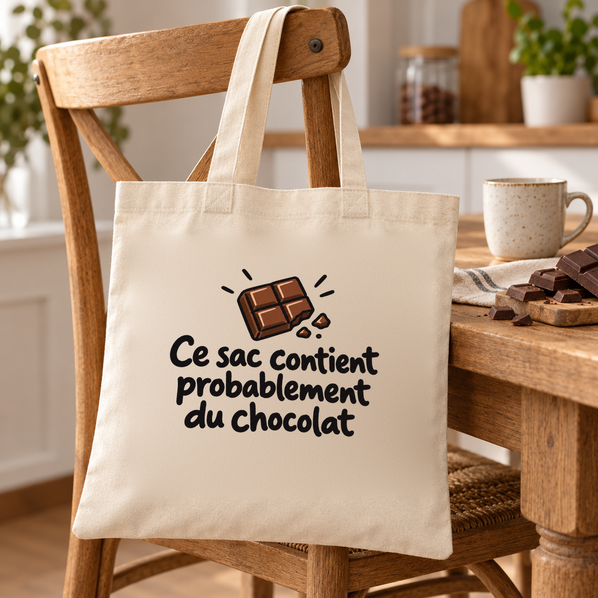 Tote bag « Ce sac contient probablement du chocolat » Essentiel suspendu à une chaise de cuisine, à côté de carrés de chocolat