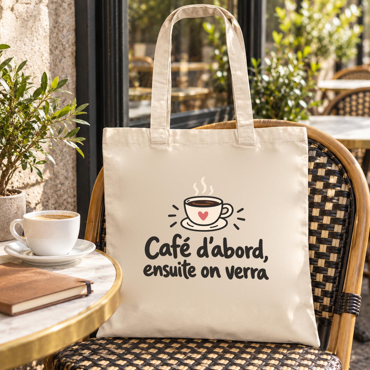 Tote bag « Café d'abord, ensuite on verra » Essentiel posé sur une chaise de bistrot en rotin, à côté d'une tasse de café