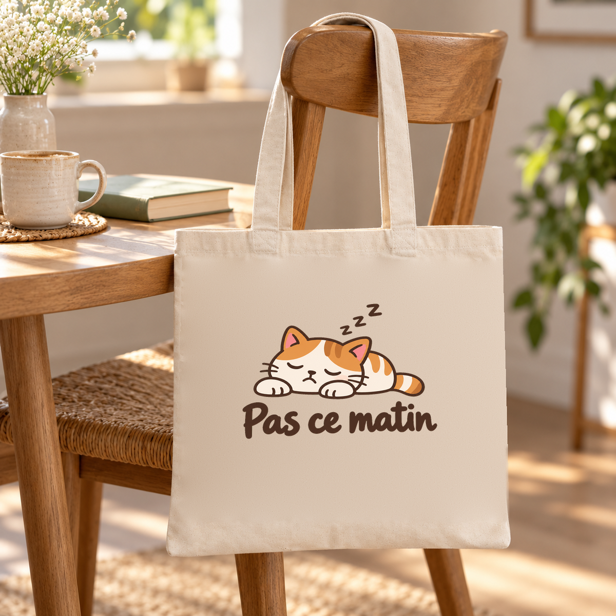Tote bag « Pas ce matin » Essentiel suspendu à une chaise de cuisine, à côté d'une tasse