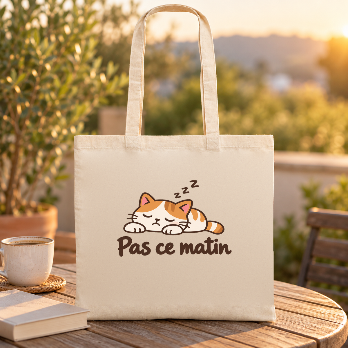 Tote bag « Pas ce matin » Essentiel posé sur une table de terrasse au soleil, à côté d'une tasse