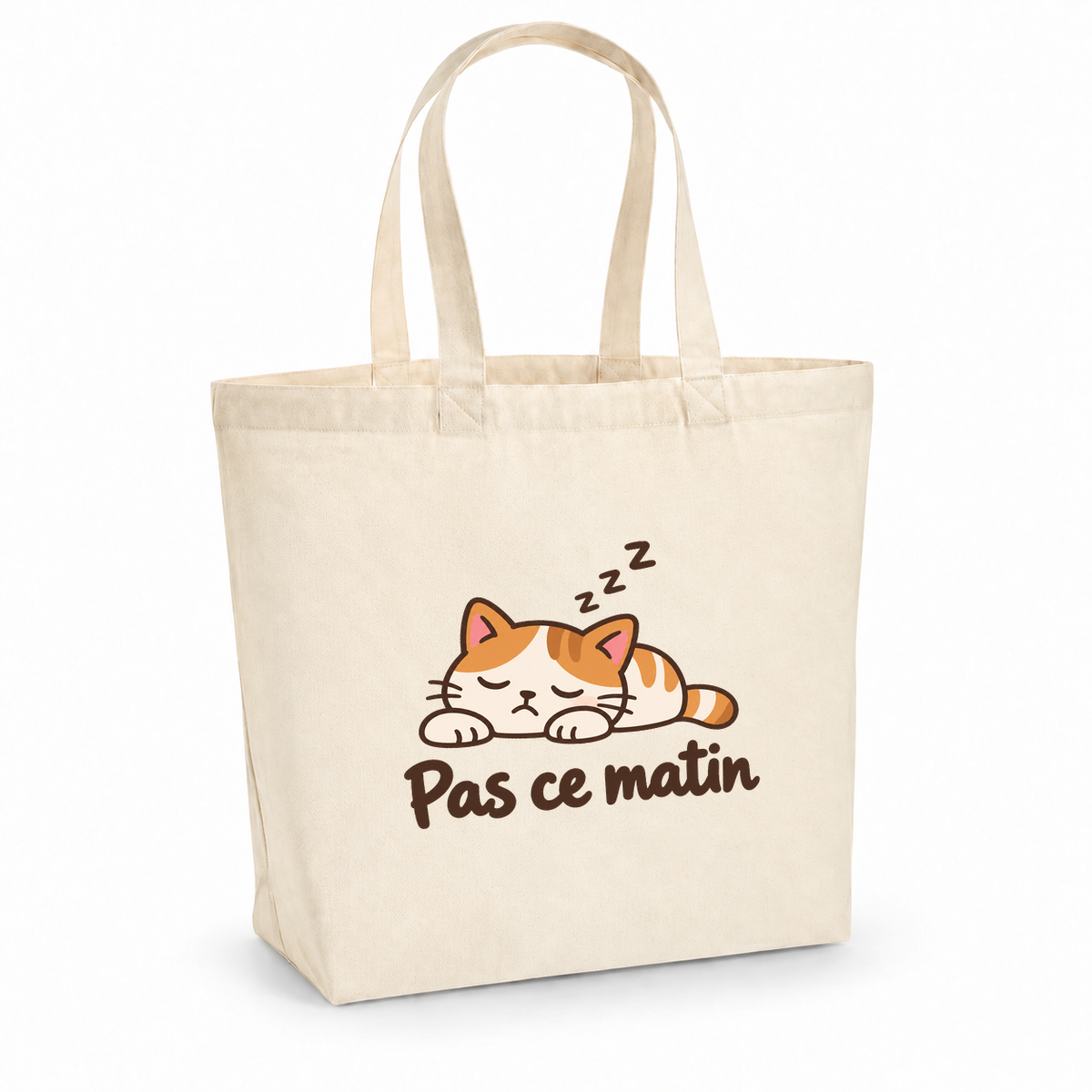 Tote bag « Pas ce matin » Premium, cabas à soufflet en coton naturel 200 g/m² de 18 litres, dessin naïf d'un chat roux endormi