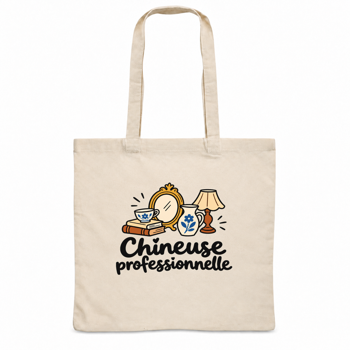 Tote bag « Chineuse professionnelle » Essentiel, sac plat en coton naturel 140 g/m² de 38 × 42 cm, dessin naïf d'un miroir doré, d'une lampe et de faïences anciennes