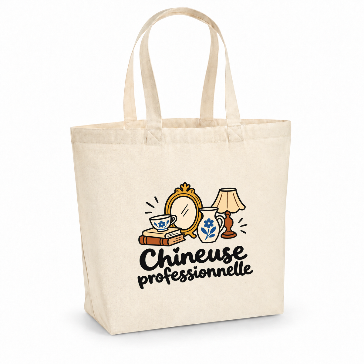Tote bag « Chineuse professionnelle » Premium, cabas à soufflet en coton naturel 200 g/m² de 18 litres, dessin naïf d'un miroir doré, d'une lampe et de faïences anciennes