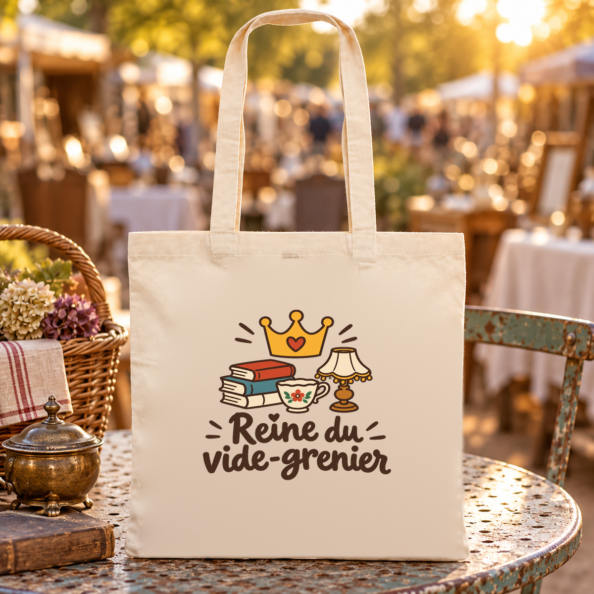 Tote bag « Reine du vide-grenier » Essentiel posé sur une table de brocante, à côté d'objets chinés