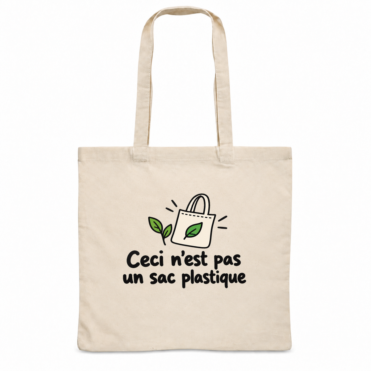Tote bag « Ceci n'est pas un sac plastique » Essentiel, sac plat en coton naturel 140 g/m² de 38 × 42 cm, dessin naïf d'un petit tote bag et de feuilles vertes
