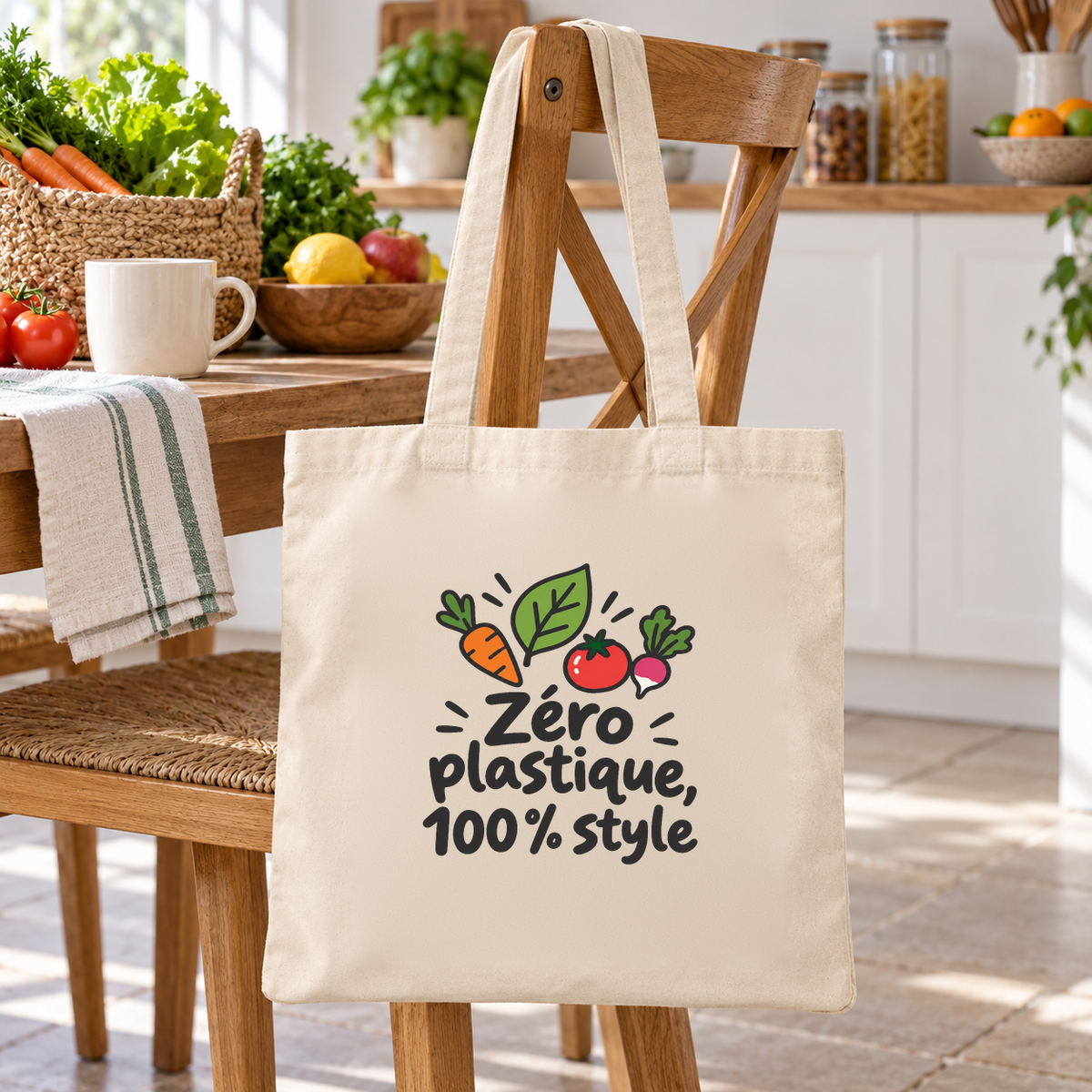 Tote bag « Zéro plastique, 100 % style » Essentiel suspendu à une chaise de cuisine en bois
