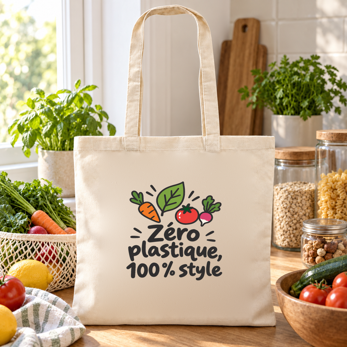 Tote bag « Zéro plastique, 100 % style » Essentiel posé sur un plan de travail, à côté de bocaux et d'un panier de légumes
