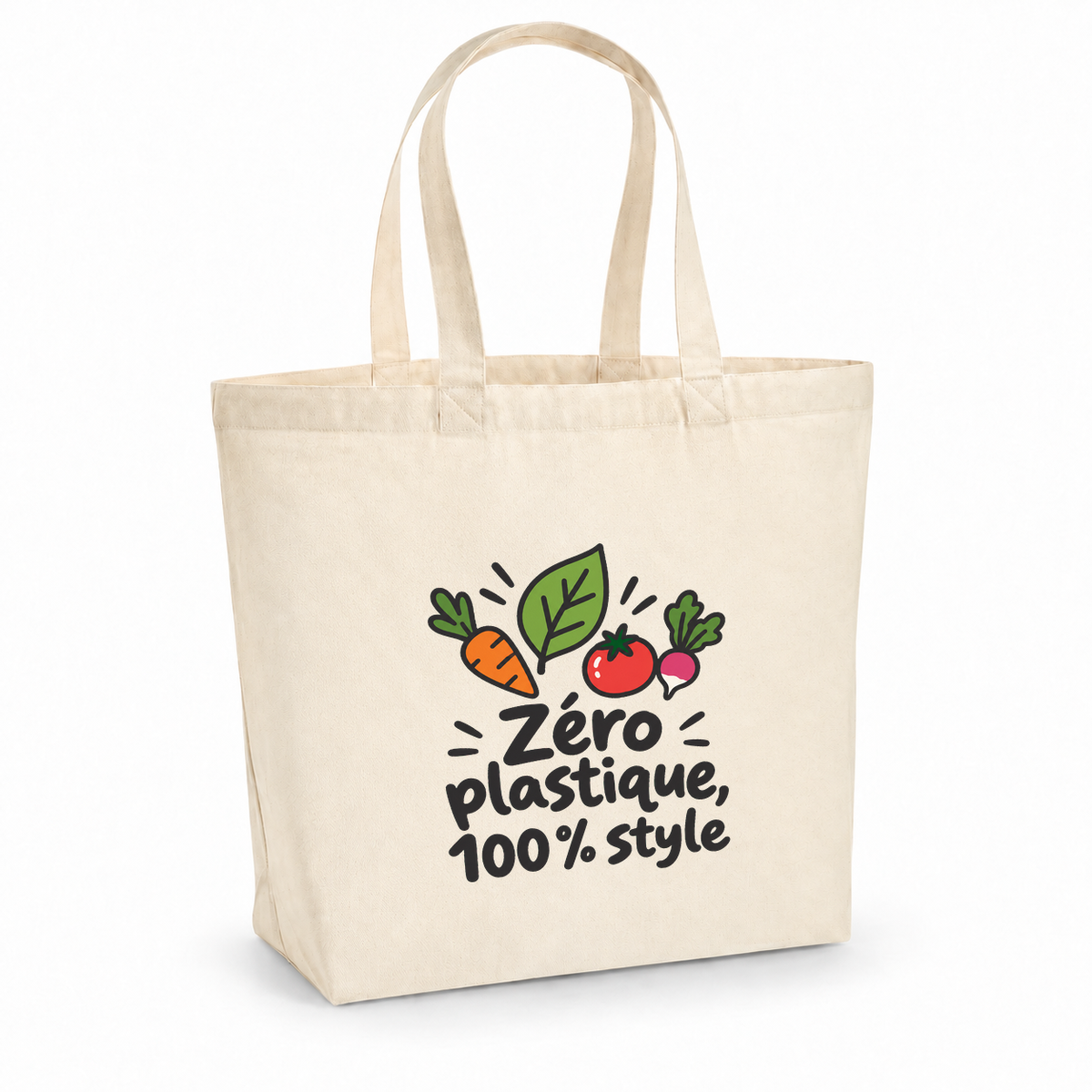 Tote bag « Zéro plastique, 100 % style » Premium, cabas à soufflet en coton naturel 200 g/m² de 18 litres, dessin naïf d'une carotte, d'une tomate, d'un radis et d'une feuille