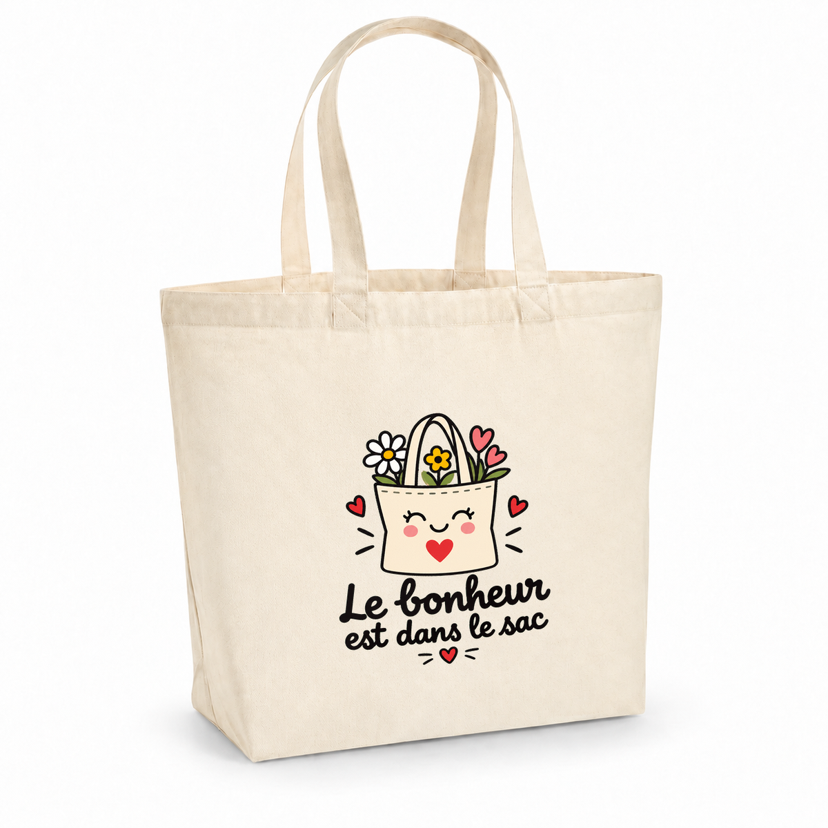 Tote bag « Le bonheur est dans le sac » Premium, cabas à soufflet en coton naturel 200 g/m² de 18 litres, dessin naïf d'un petit tote bag souriant rempli de fleurs