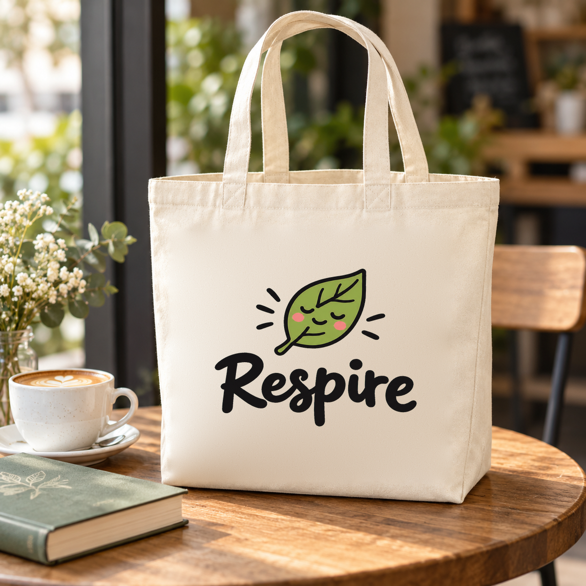 Tote bag « Respire » Premium posé sur une table de café, à côté d'un cappuccino et d'un livre