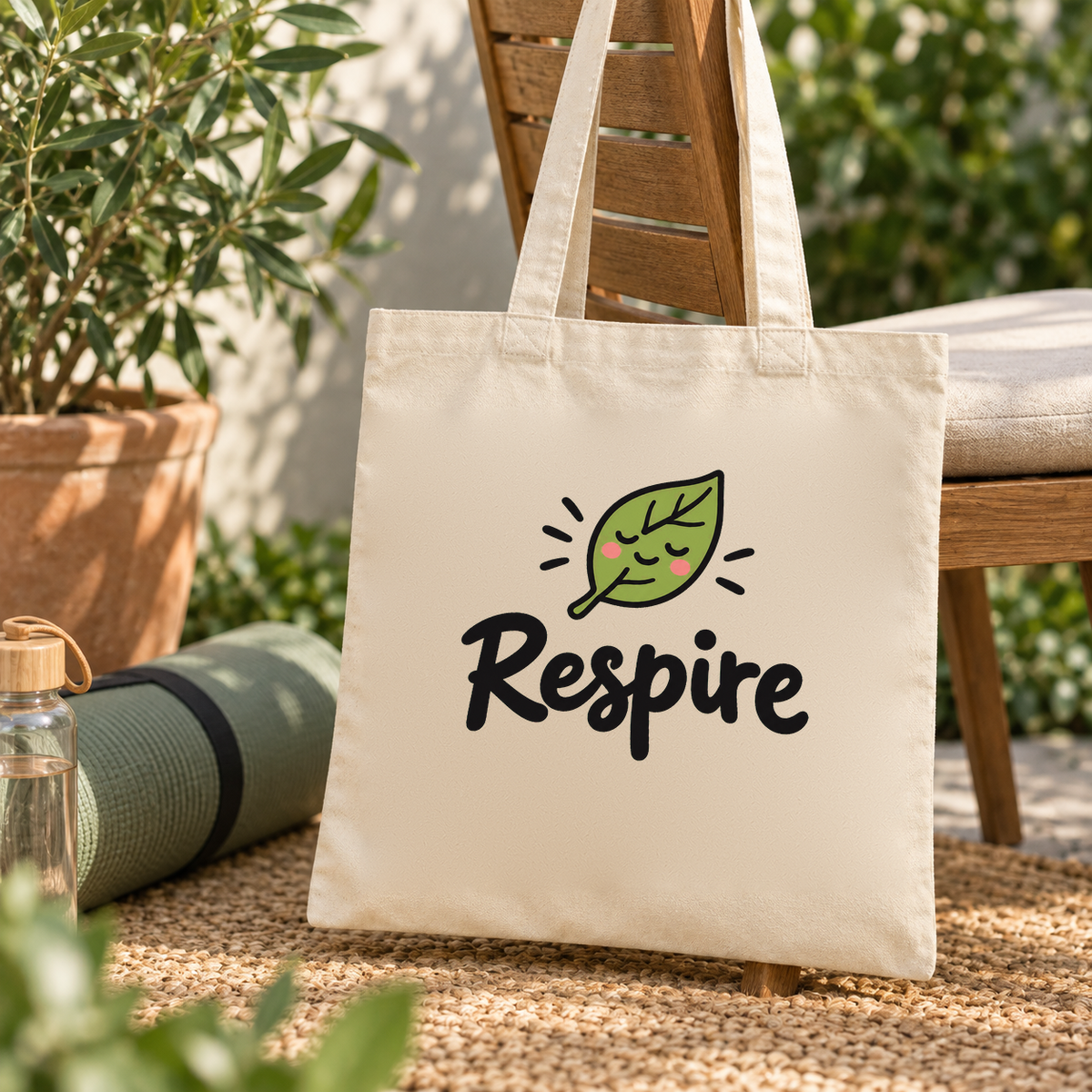Tote bag « Respire » Essentiel suspendu à une chaise de jardin, à côté d'un tapis de yoga roulé et d'une gourde