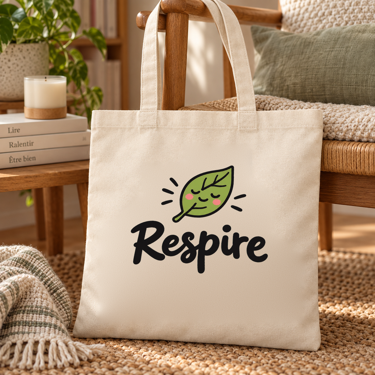 Tote bag « Respire » Essentiel posé contre une chaise dans un coin lecture calme, à côté d'un plaid et d'une bougie